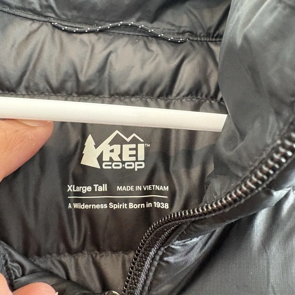 REI‎ Coop Down Jacket Men XL Tall Black Light Weight Outdoor Hiking Travel
